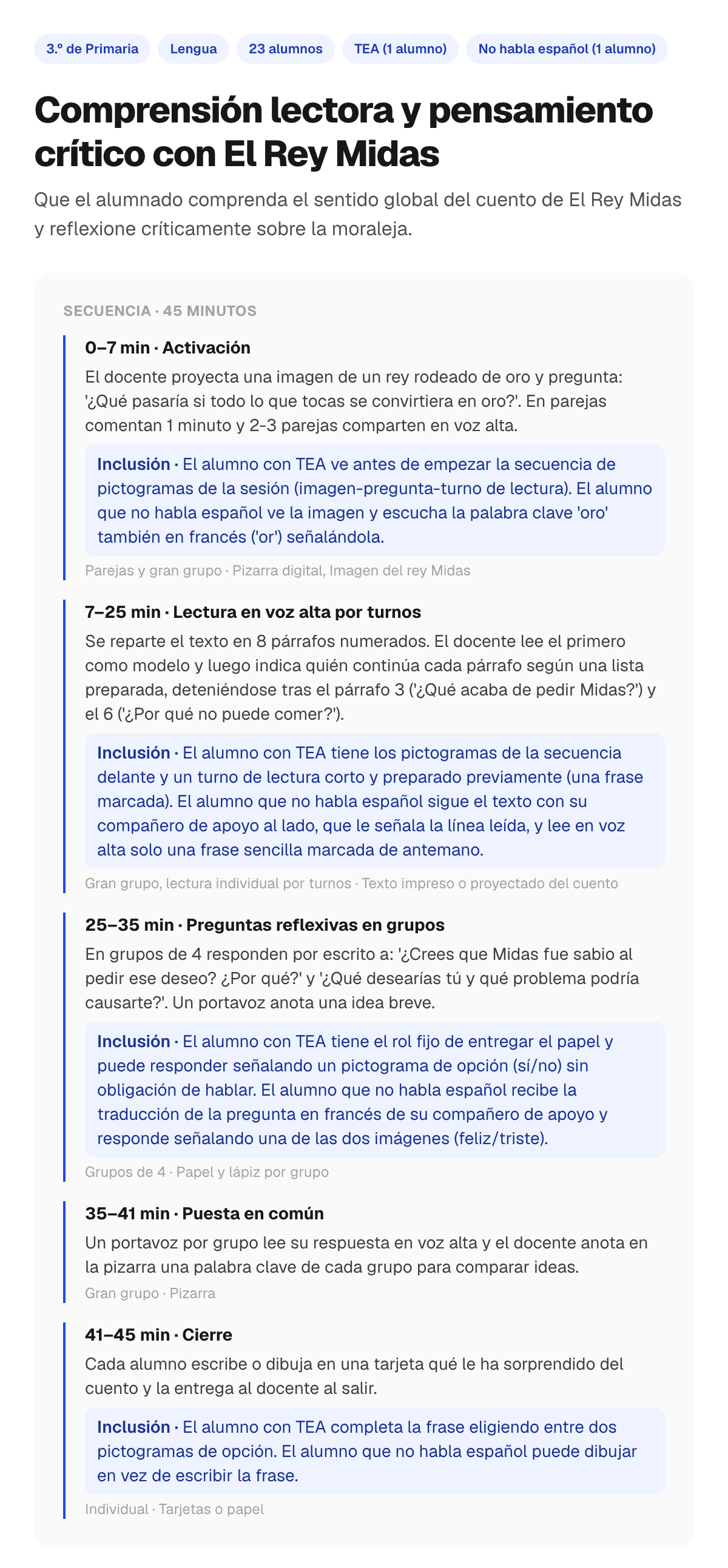 Sesión de 45 minutos de comprensión lectora generada con Maestría para un grupo de 3.º de Primaria con 23 alumnos: en cada fase, un recuadro de inclusión explica qué hacen el alumno con TEA y el alumno que no habla español (pictogramas, compañero de apoyo, una frase marcada para leer, palabras clave en francés)